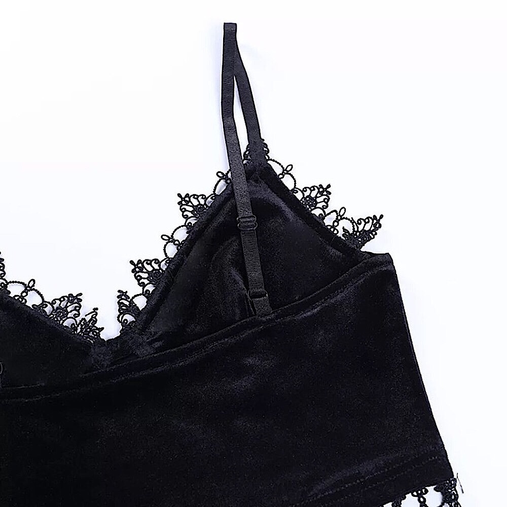 Black velvet cross lace trim crop top - Picture 9 of 16